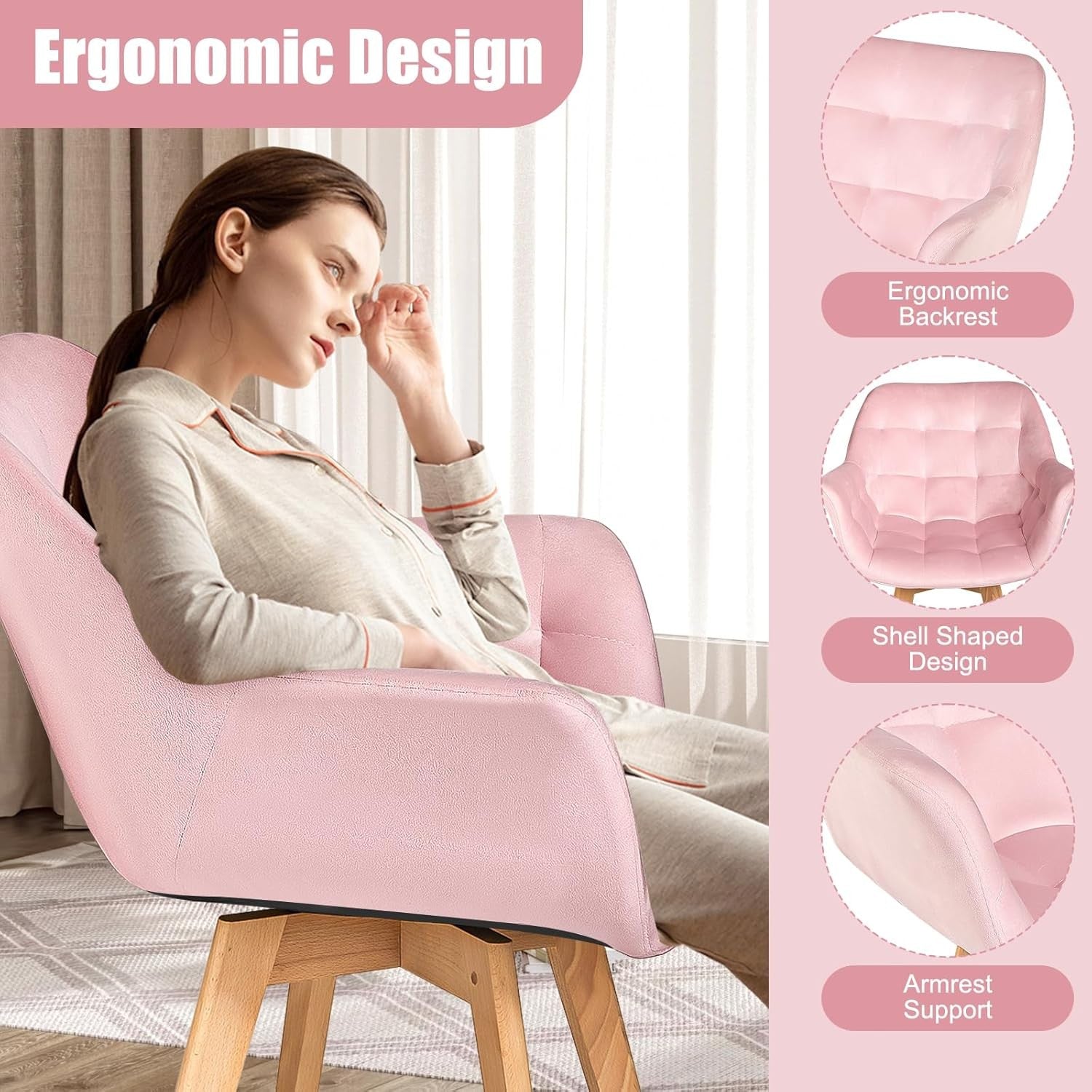 Pink Velvet Swivel Tub Chair Accent Armchair Wood Legs