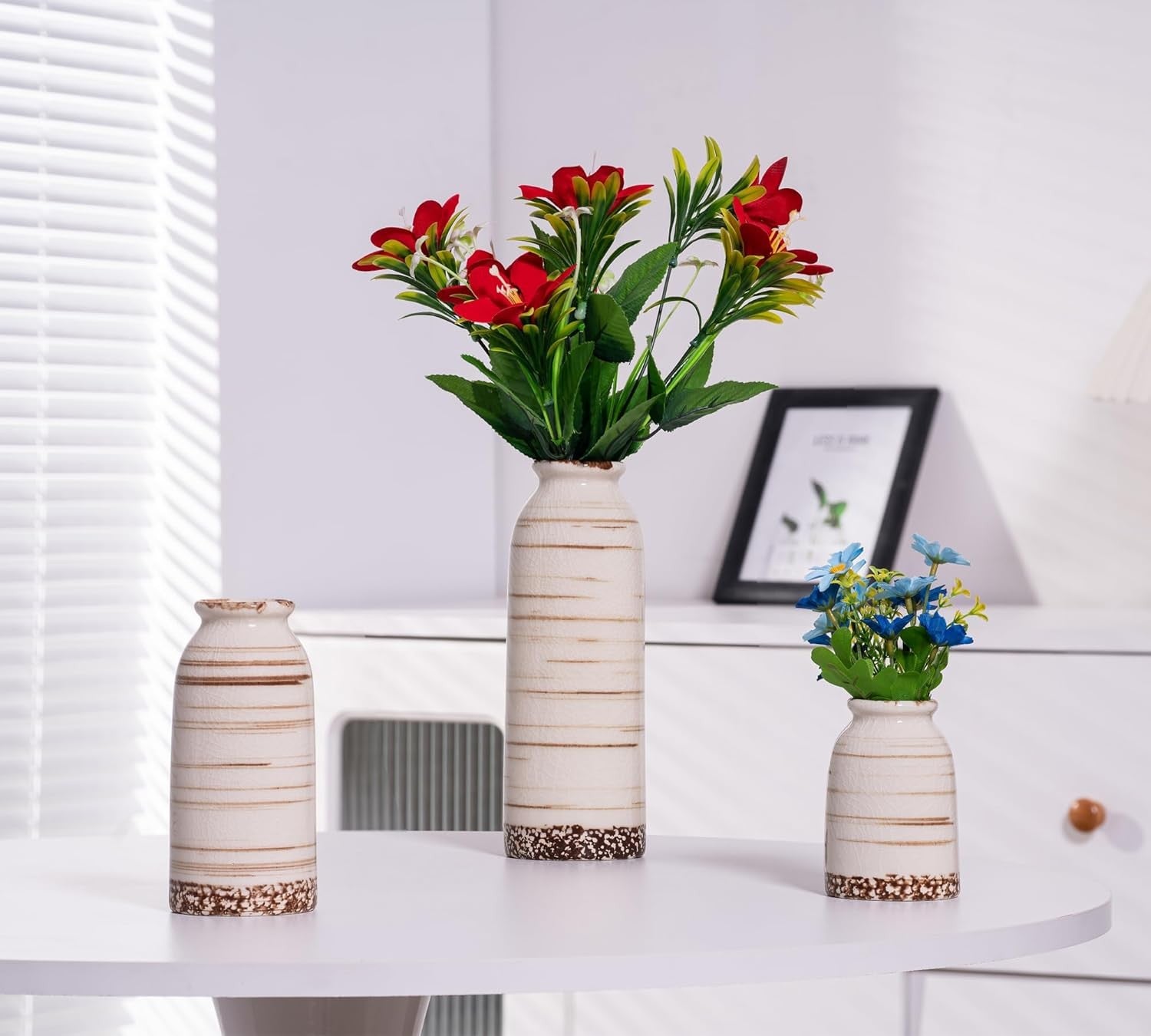 Beige Ceramic Vase Set of 3 Farmhouse Pampas Grass Vases Home Decor