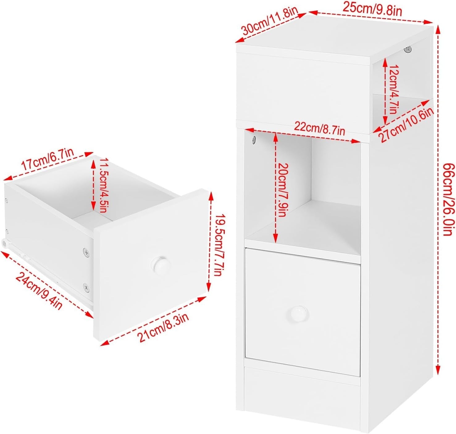 Set of 2 Slim White Bedside Tables with Drawer & Open Shelves 25x30x66cm