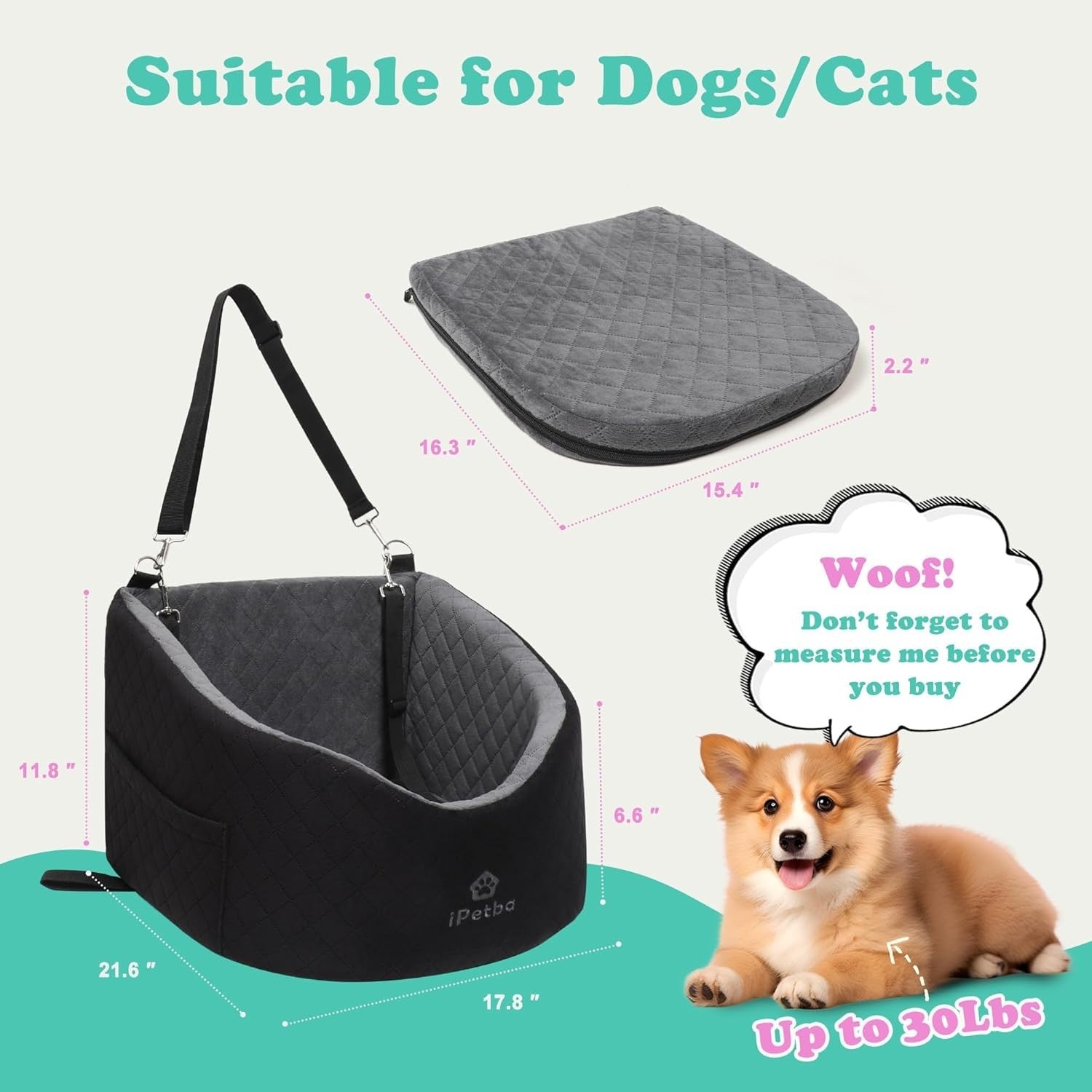 Memory Foam Dog Car Seat Booster Travel Bed Washable Pet Carrier 30lb