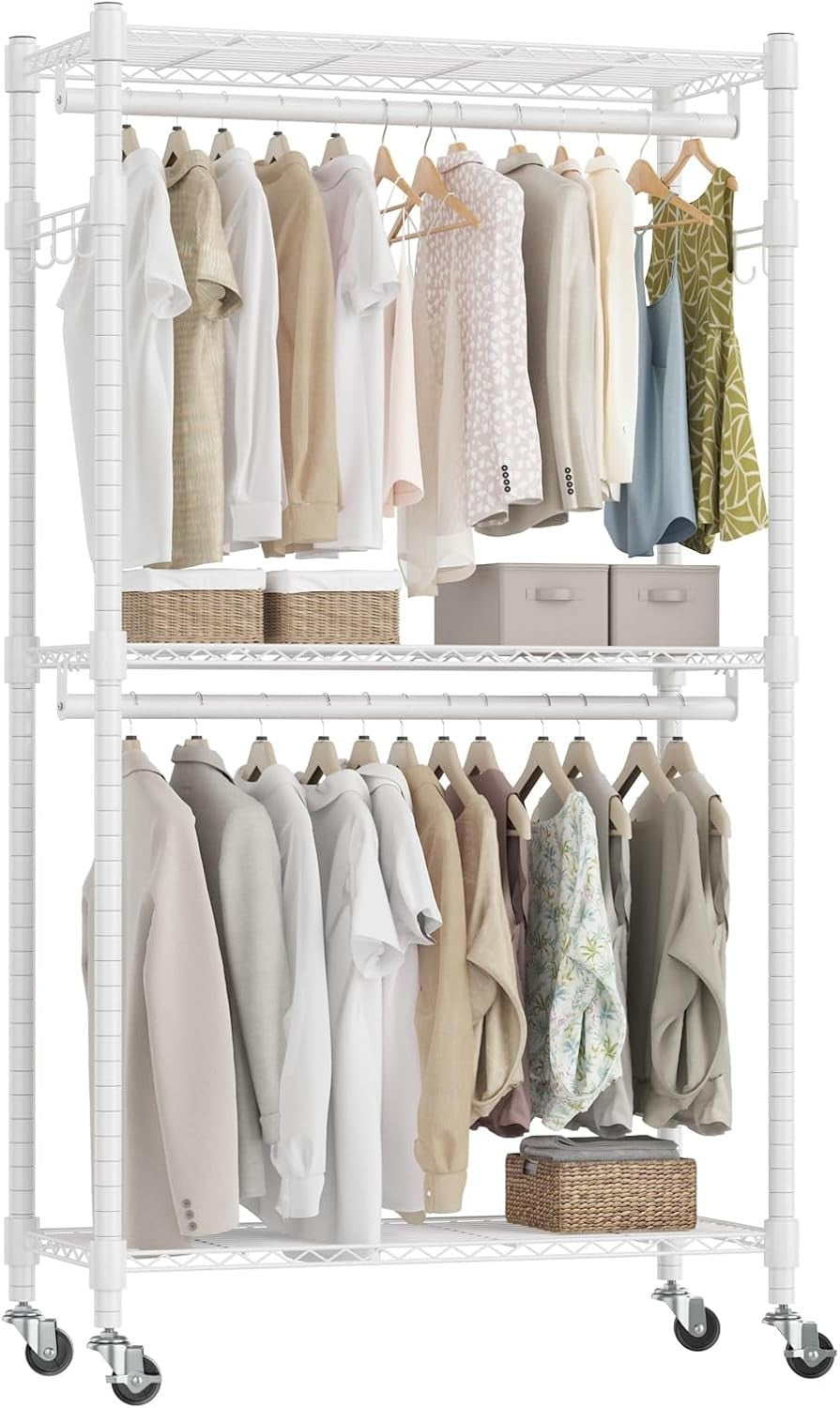 Heavy Duty Clothes Rail with Shelves & Wheels – White 205cm