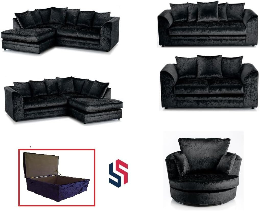 Silver Crushed Velvet Right Hand L Shape Sofa 3 2 Seater with Swivel