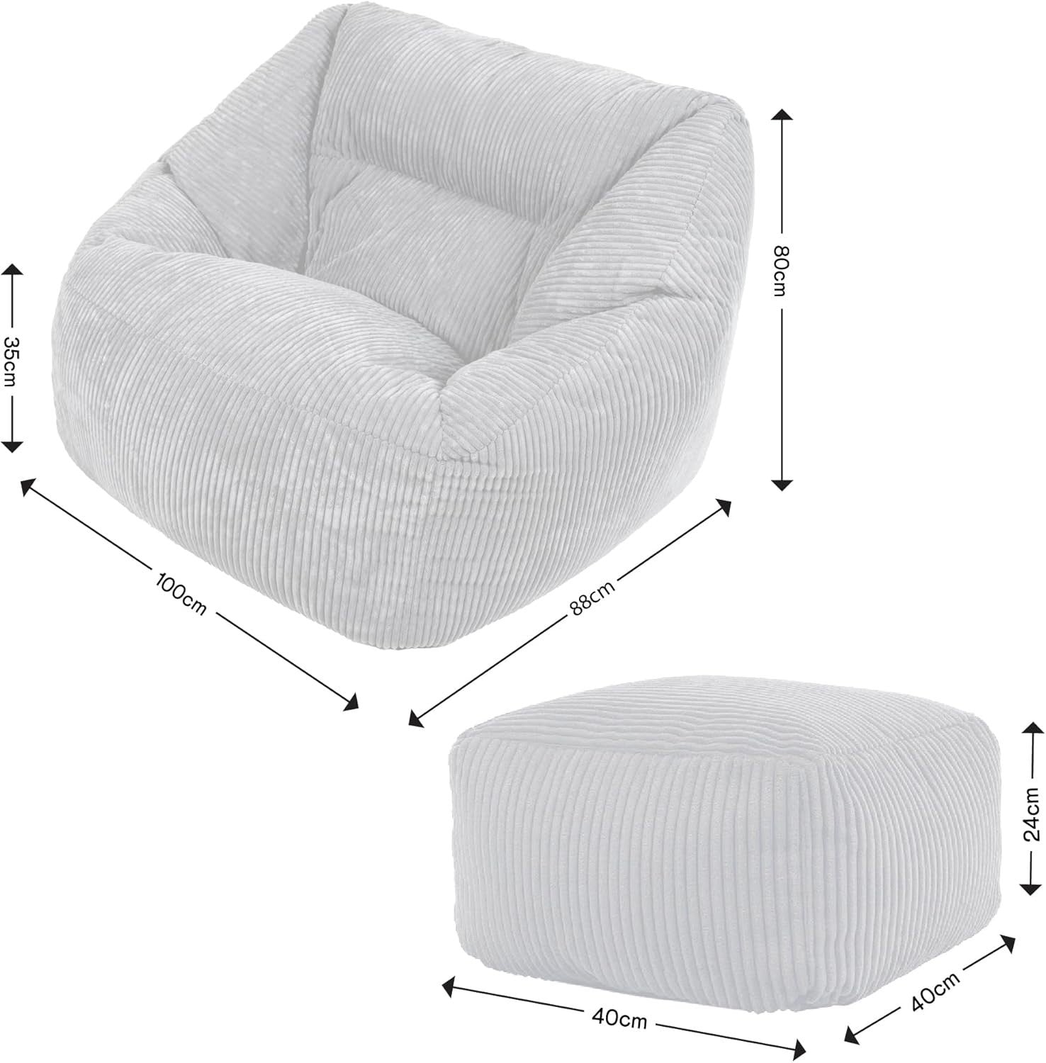 Beige Cord Bean Bag Chair with Footstool Lounge Armchair Seat Filled