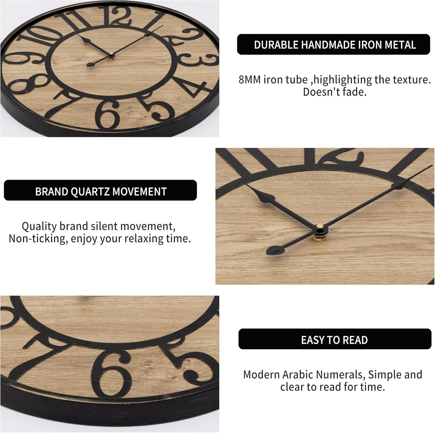 Rustic Wall Clock 20" Silent Wood Metal Bronze Large Farmhouse Decor