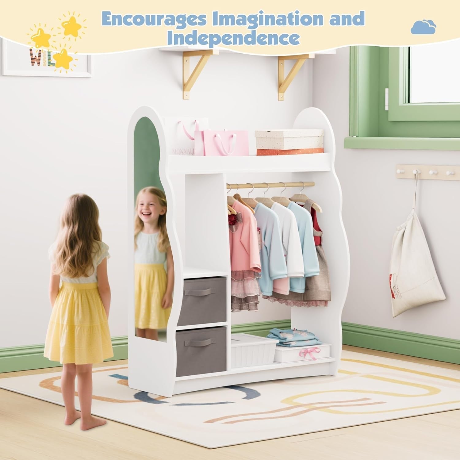 Kids Wardrobe with Mirror, Hanging Rail & 2 Drawers, White Cloud Design