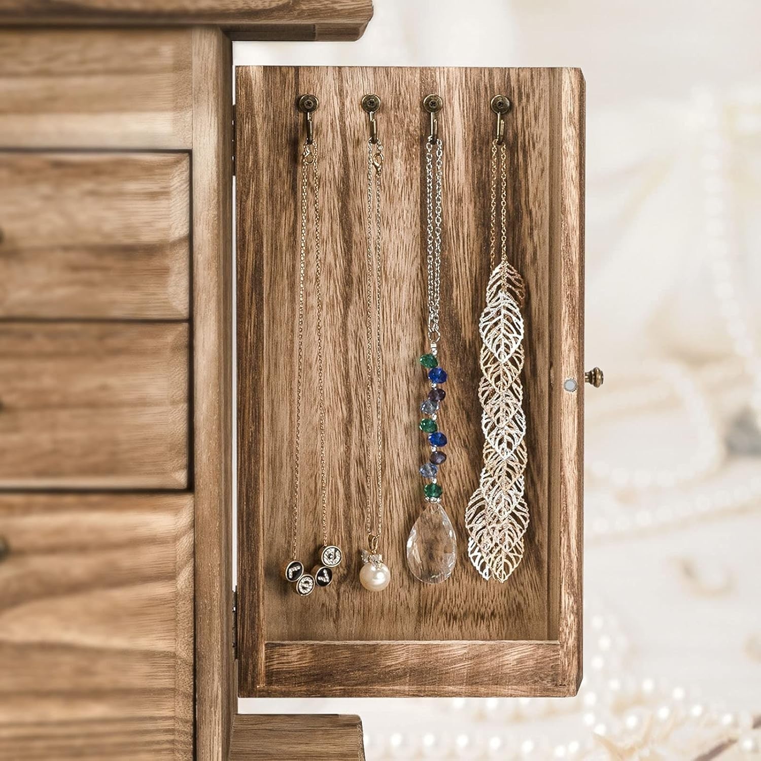 Rustic Wooden Jewelry Box Organizer with Mirror 4 Layer Storage Case