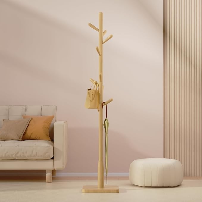 Natural Wood Coat Rack 8 Hooks Square Base Freestanding Hall Tree Stand