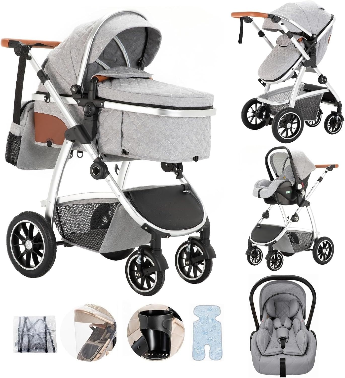 3 in 1 Baby Stroller Pram Pushchair Car Seat Newborn to 4 Years Grey