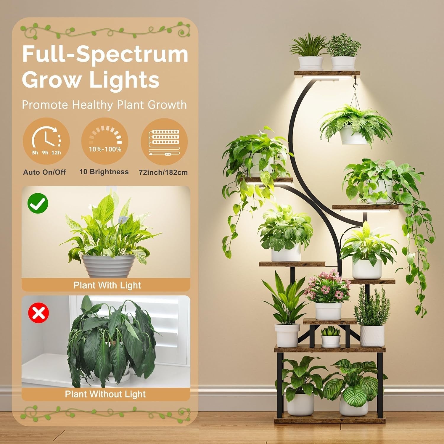 8 Tier Metal Plant Stand with Grow Lights Indoor Outdoor Flower Shelf 157cm