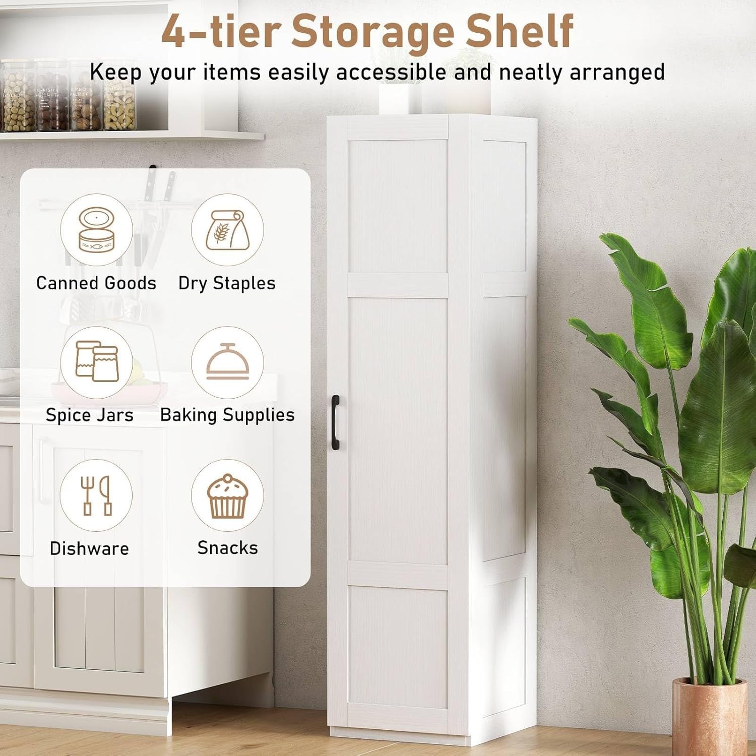Tall White Kitchen Cupboard 4 Tier Wooden Storage Cabinet Organizer Unit