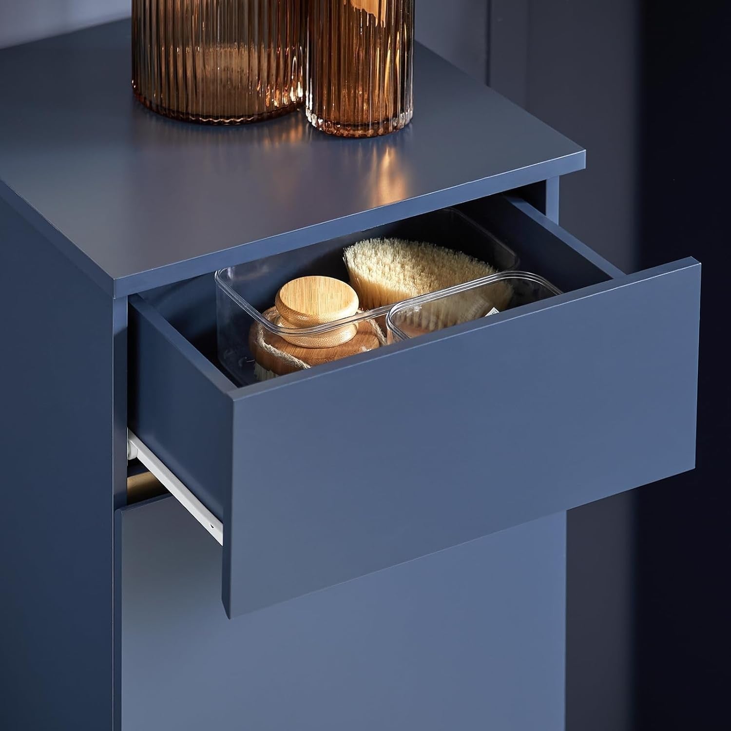 Slim Bathroom Laundry Cabinet with Fold Out Basket Drawer Storage Blue