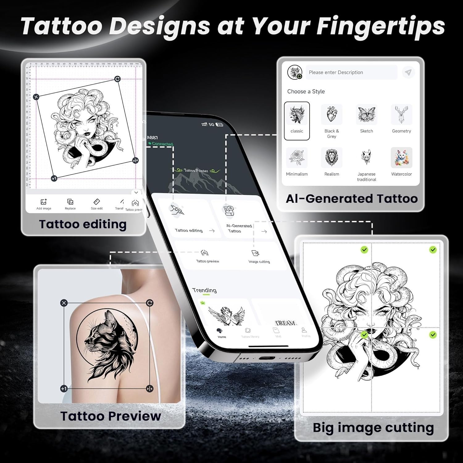 Black Tattoo Stencil Printer Wireless Thermal Tattoo Machine for Artists