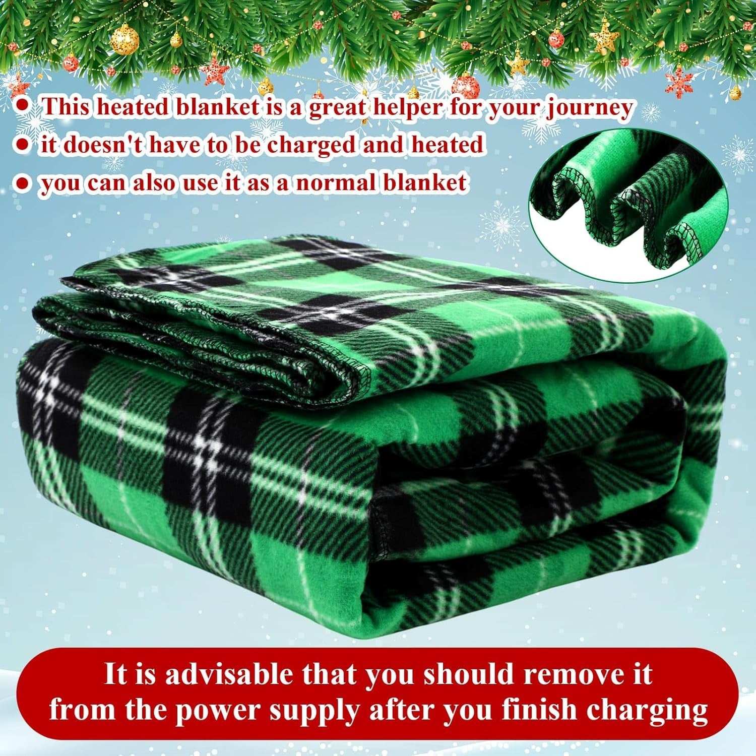 12V Heated Car Blanket Electric Winter Travel Throw Green Plaid Checkered