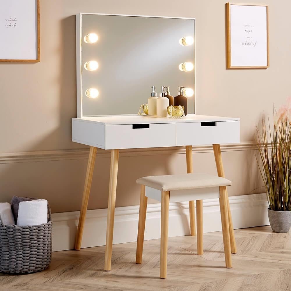 White Dressing Table Vanity Set with Stool & Mirror, Storage Drawers, Makeup Des