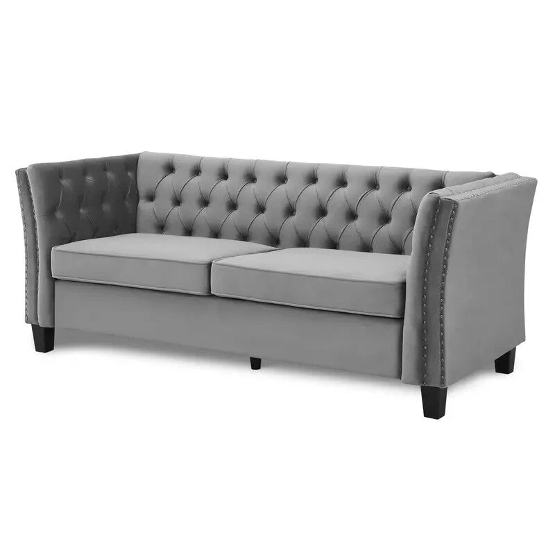 3 Seater Chesterfield Sofa Light Grey Velvet | Deep Cushions Solid Frame
