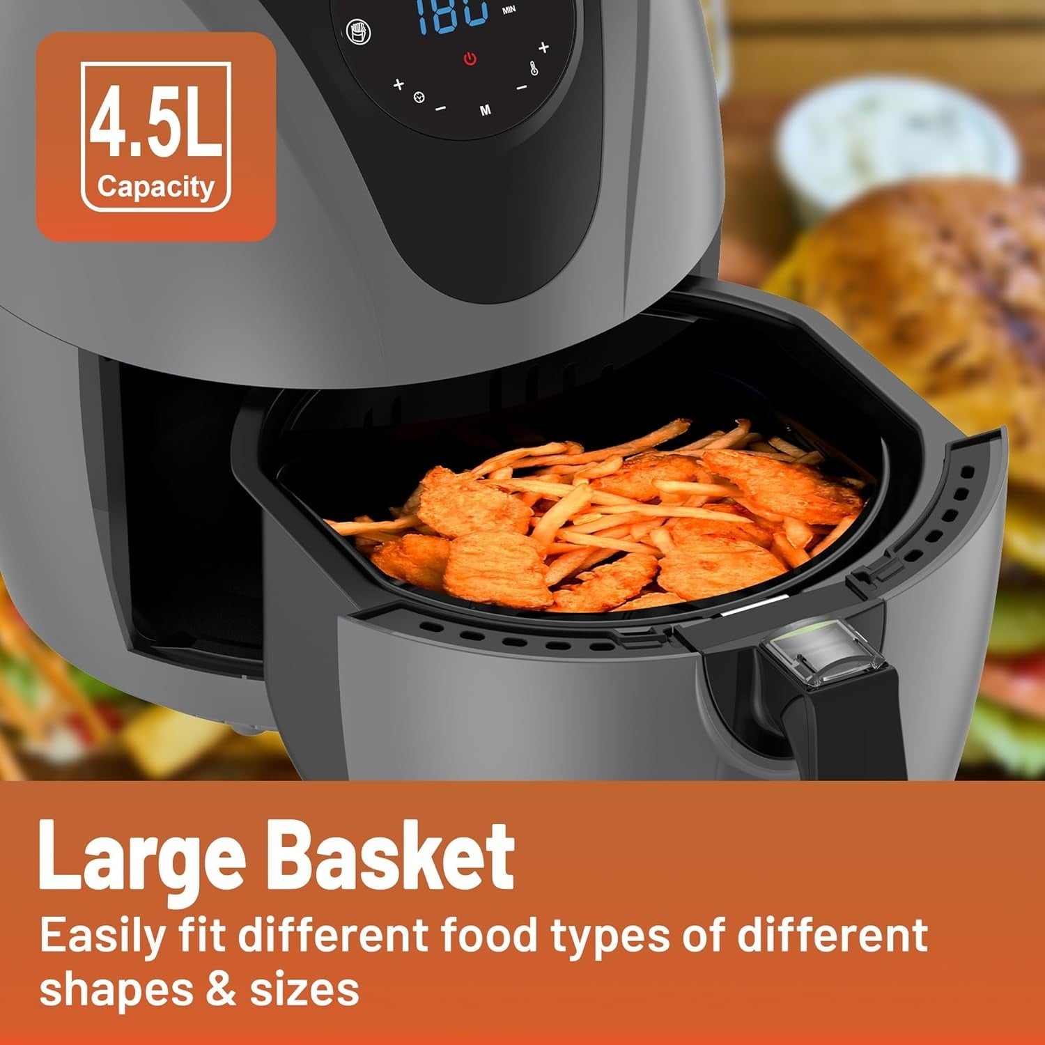 4.5L Digital Air Fryer | 1400W Oil-Free Cooking | 7 Presets |  Grey Finish