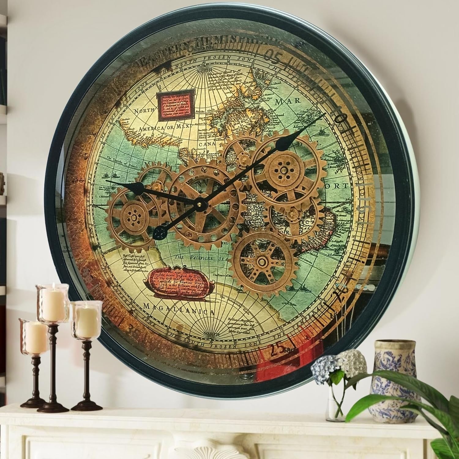 24” Moving Gear Wall Clock Vintage Retro Round Metal Map Design 60cm