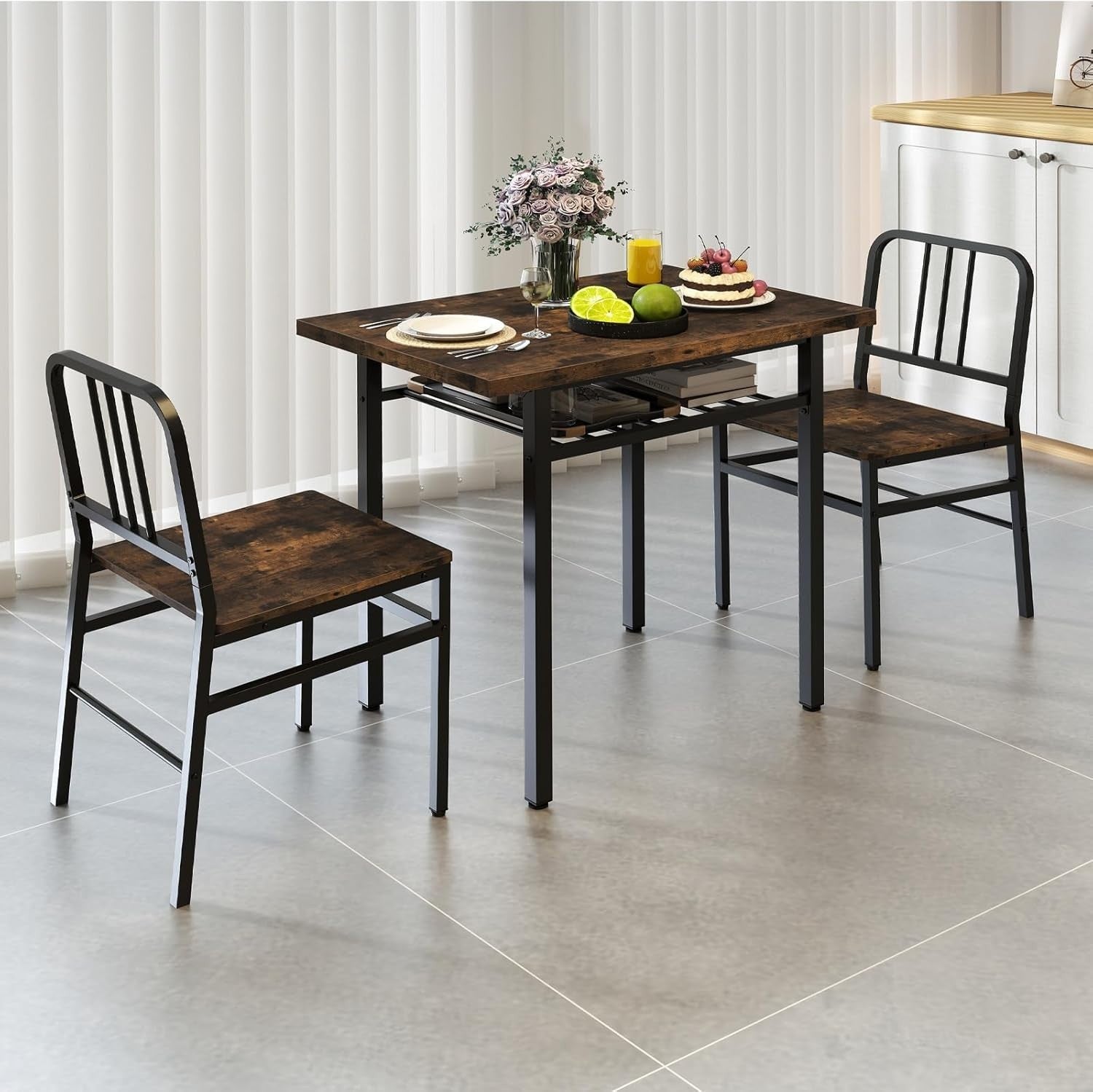 Rectangular 3-Piece Kitchen Dining Set with Storage Rack & Metal Frame Chairs