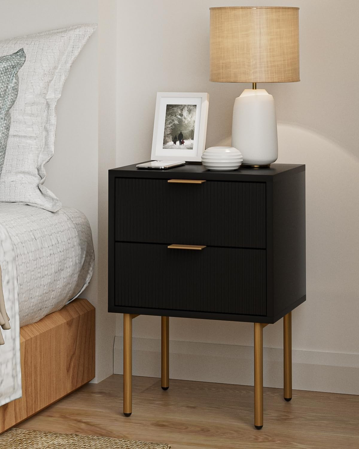 Modern Black Bedside Table with Gold Legs | 2 Drawer Nightstand