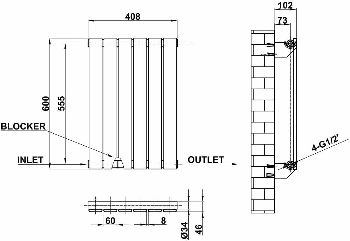 Anthracite Horizontal Radiator 600x408mm Single Column Modern Flat Panel