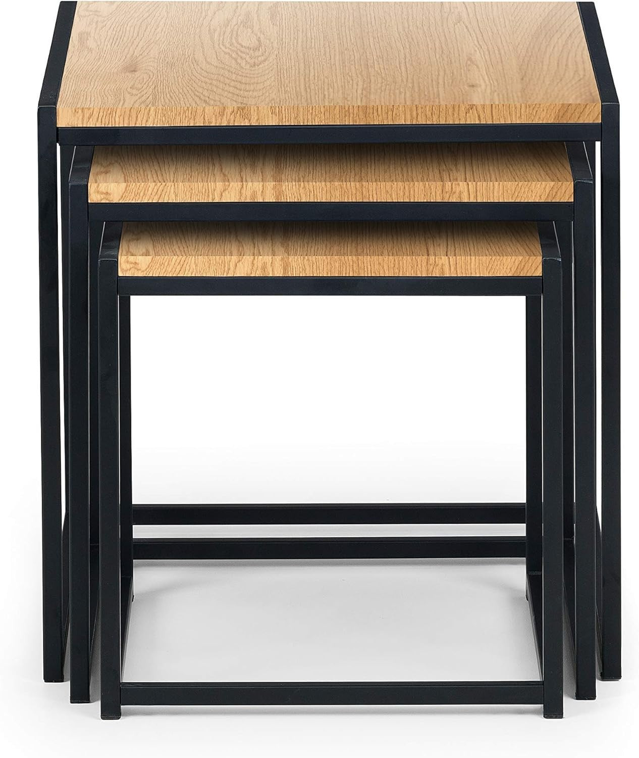 Space Saving Nesting Coffee Tables Set 3 Black Euro Oak Square Metal Frame