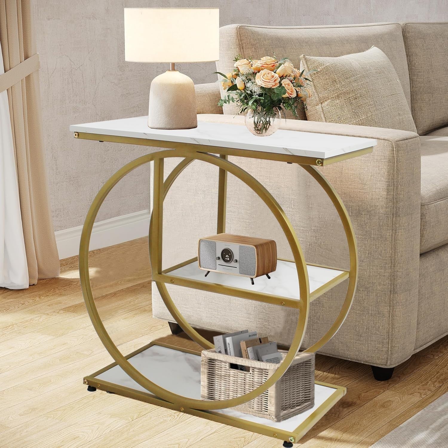 3-Tier Gold Side Table with Storage Shelves, Compact Modern Sofa End Table