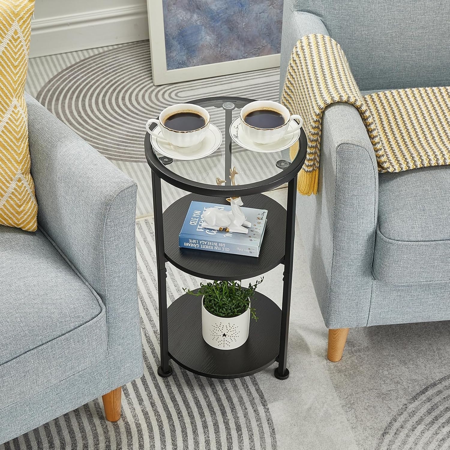 Modern 3-Tier Round Side Table with Tempered Glass, Storage, 30x30x55cm