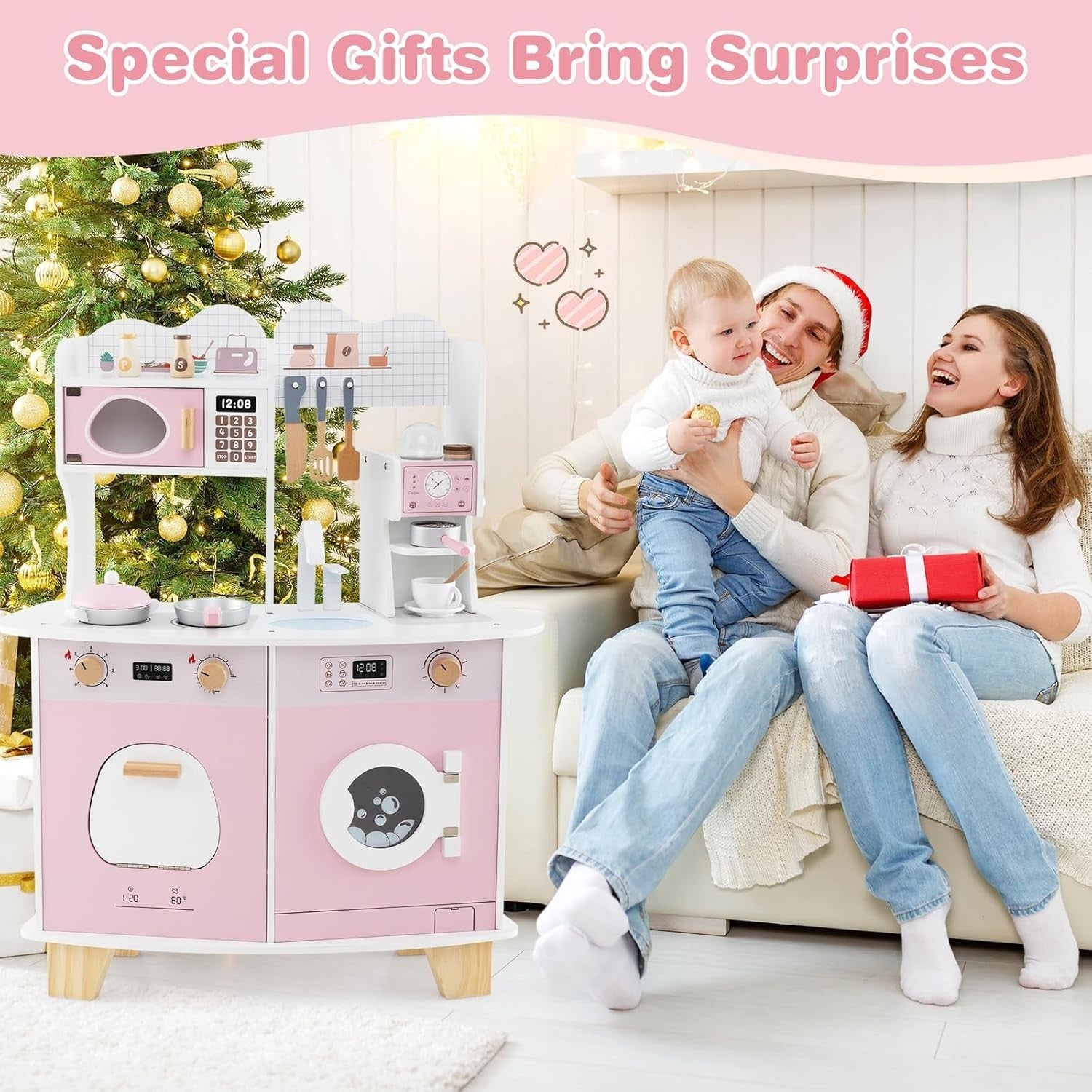 Kids Wooden Play Kitchen w/ Coffee Maker Microwave Pink Toy