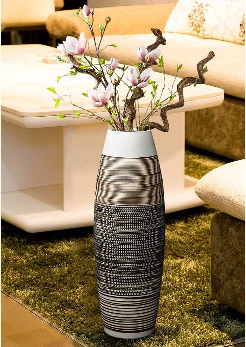 Tall Floor Vase 50cm Handmade Ceramic Brown Black Stripe Modern Home Decor
