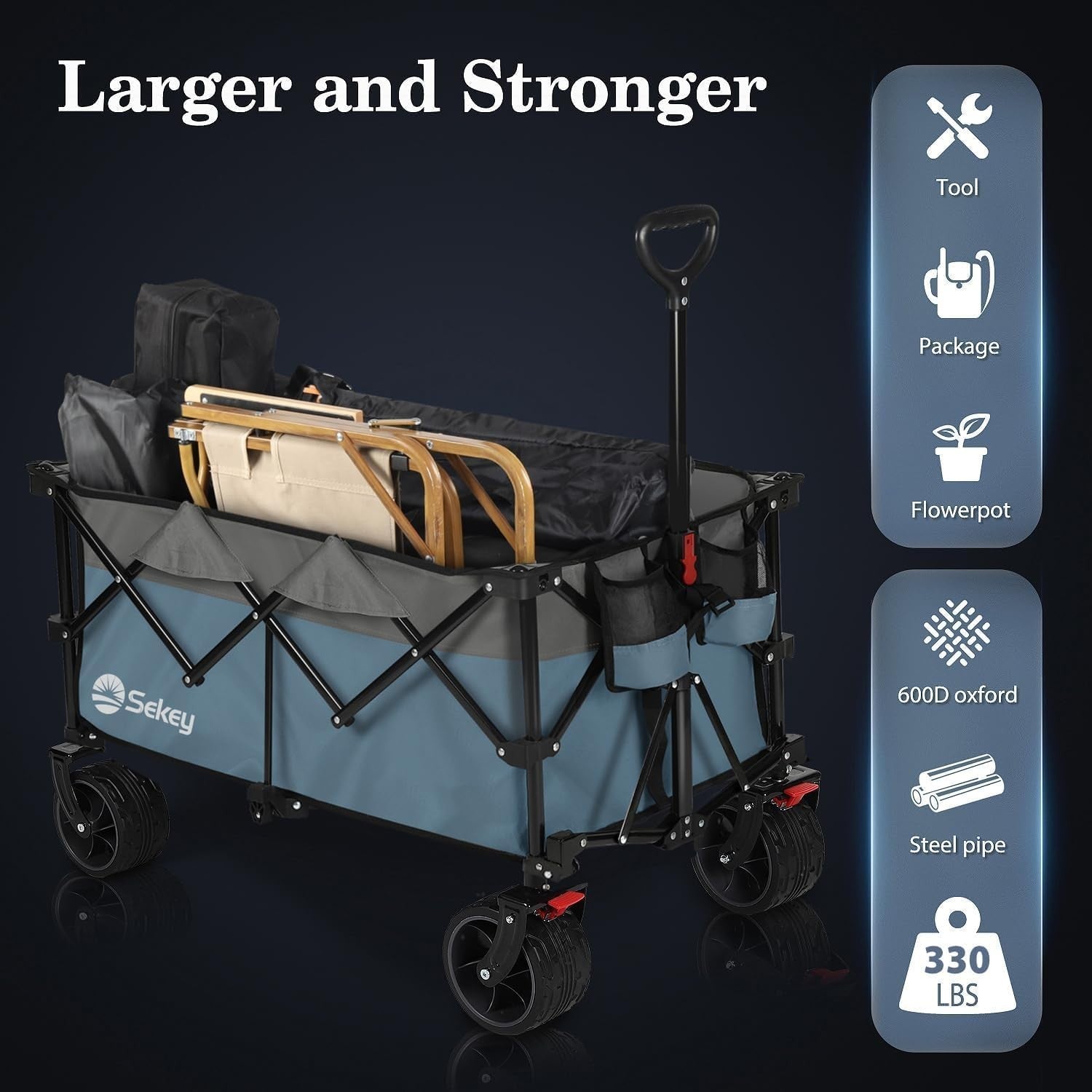 Blue Grey 200L Folding Camping Wagon 150kg Heavy Duty All Terrain Festival Cart
