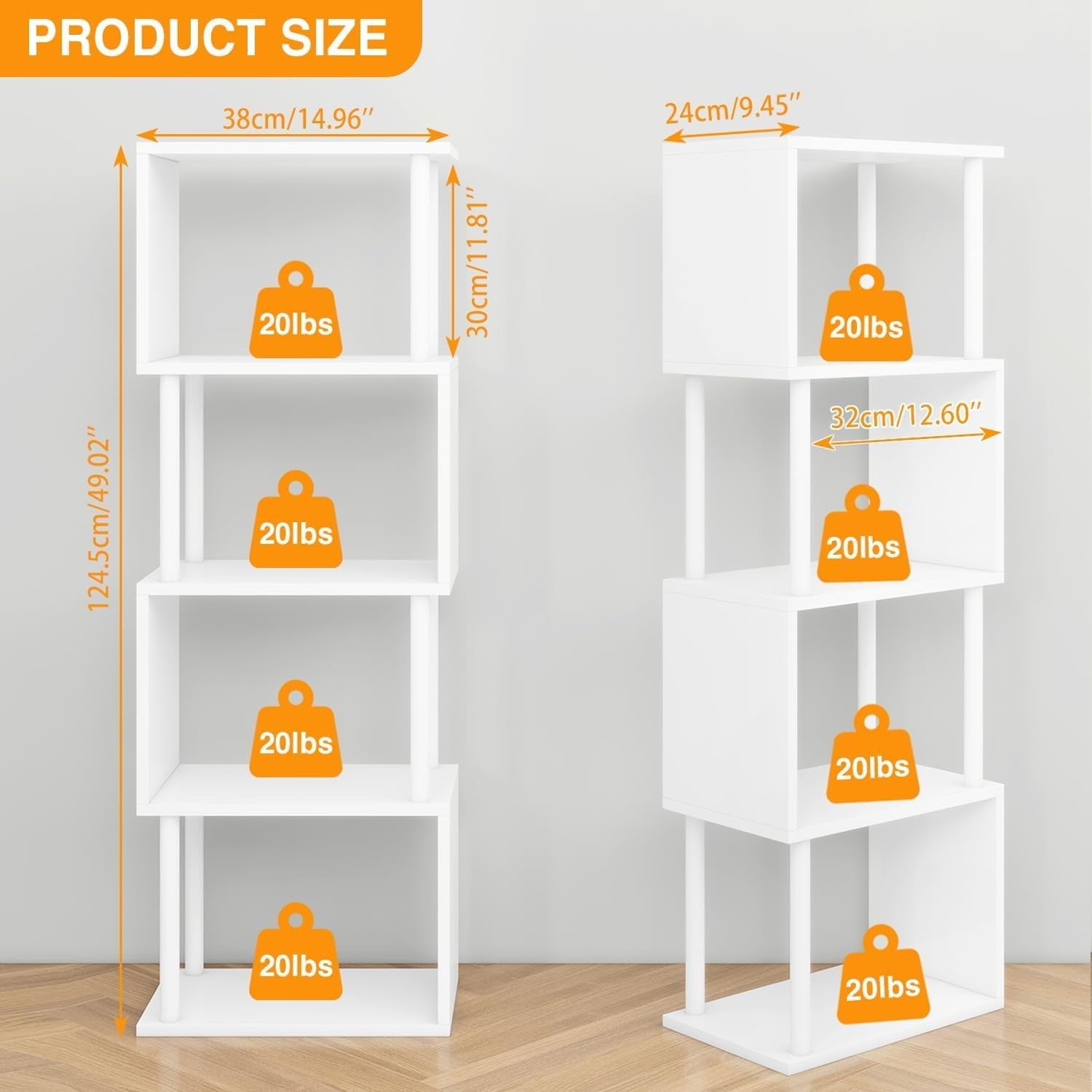 5 Tier S Shaped Bookcase White Modern Wood Display Storage Shelf 155cm