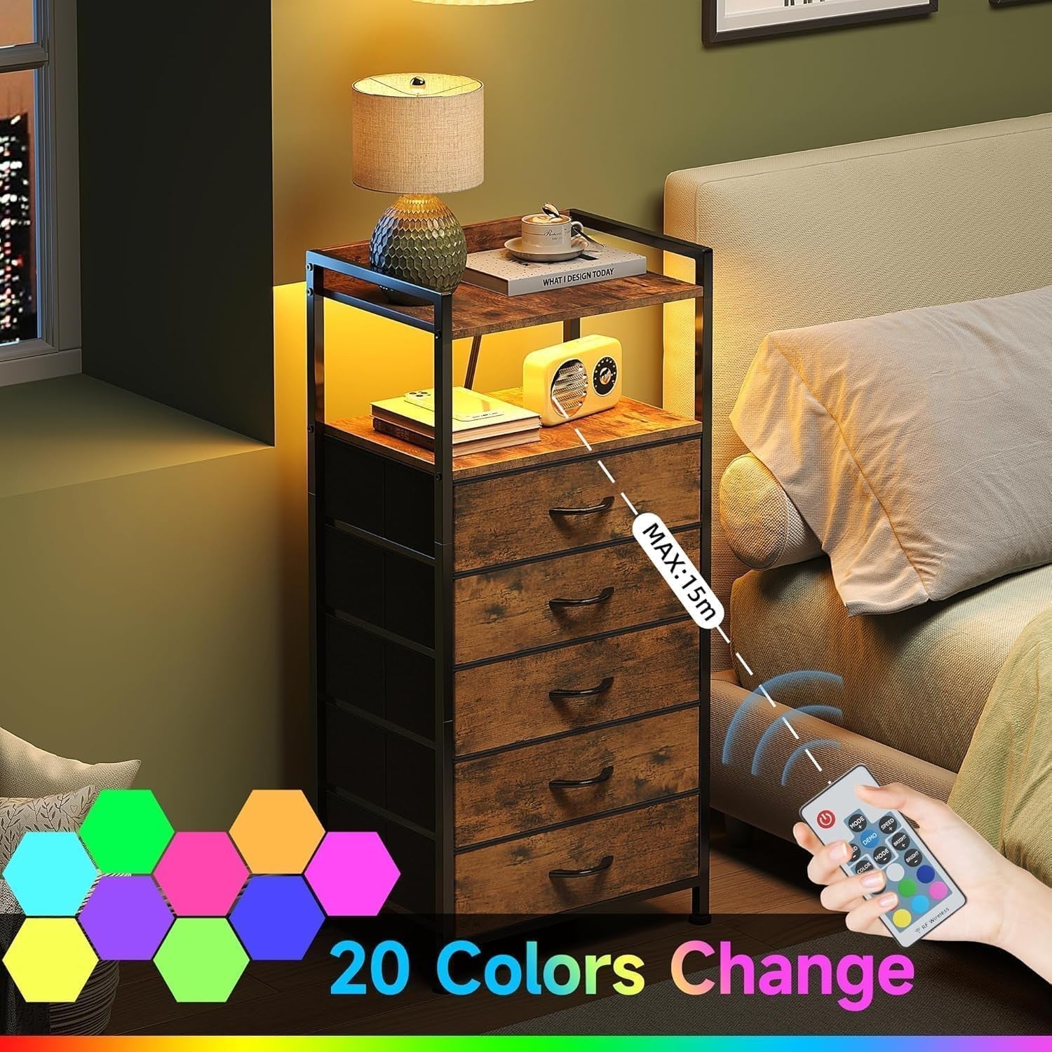 Tall Rustic Brown LED Bedside Table with Charging Ports 5-Drawer Storage Unit