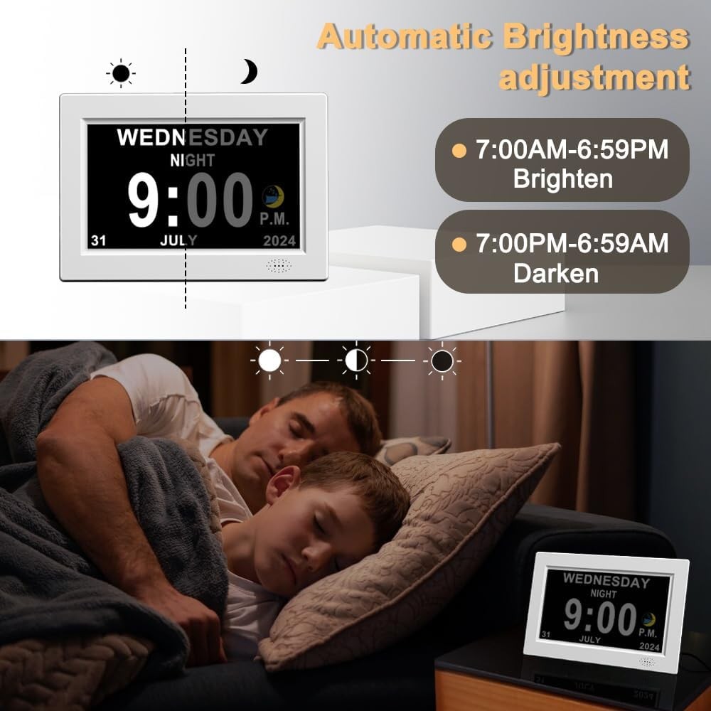 8” Dementia Digital Clock Large Day Date Display Auto Dimming Elderly
