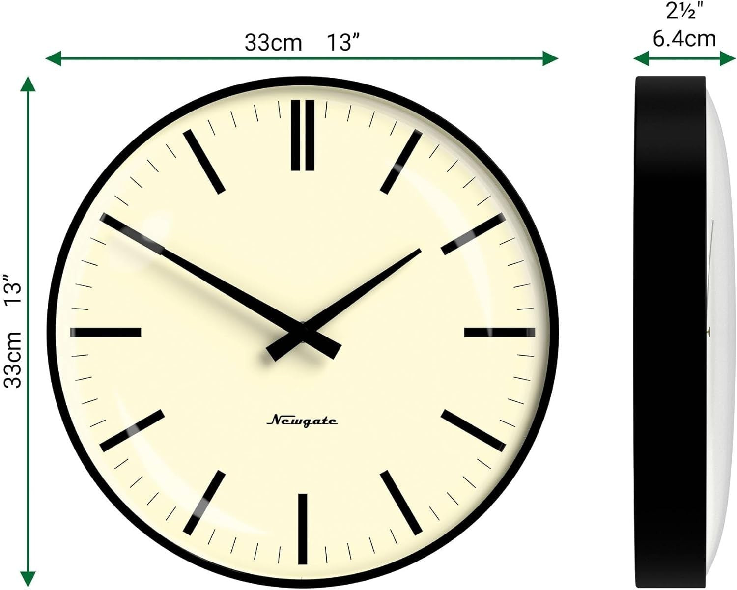 Retro Wall Clock Silent Non-Ticking 33cm Metal Frame Domed Glass Black