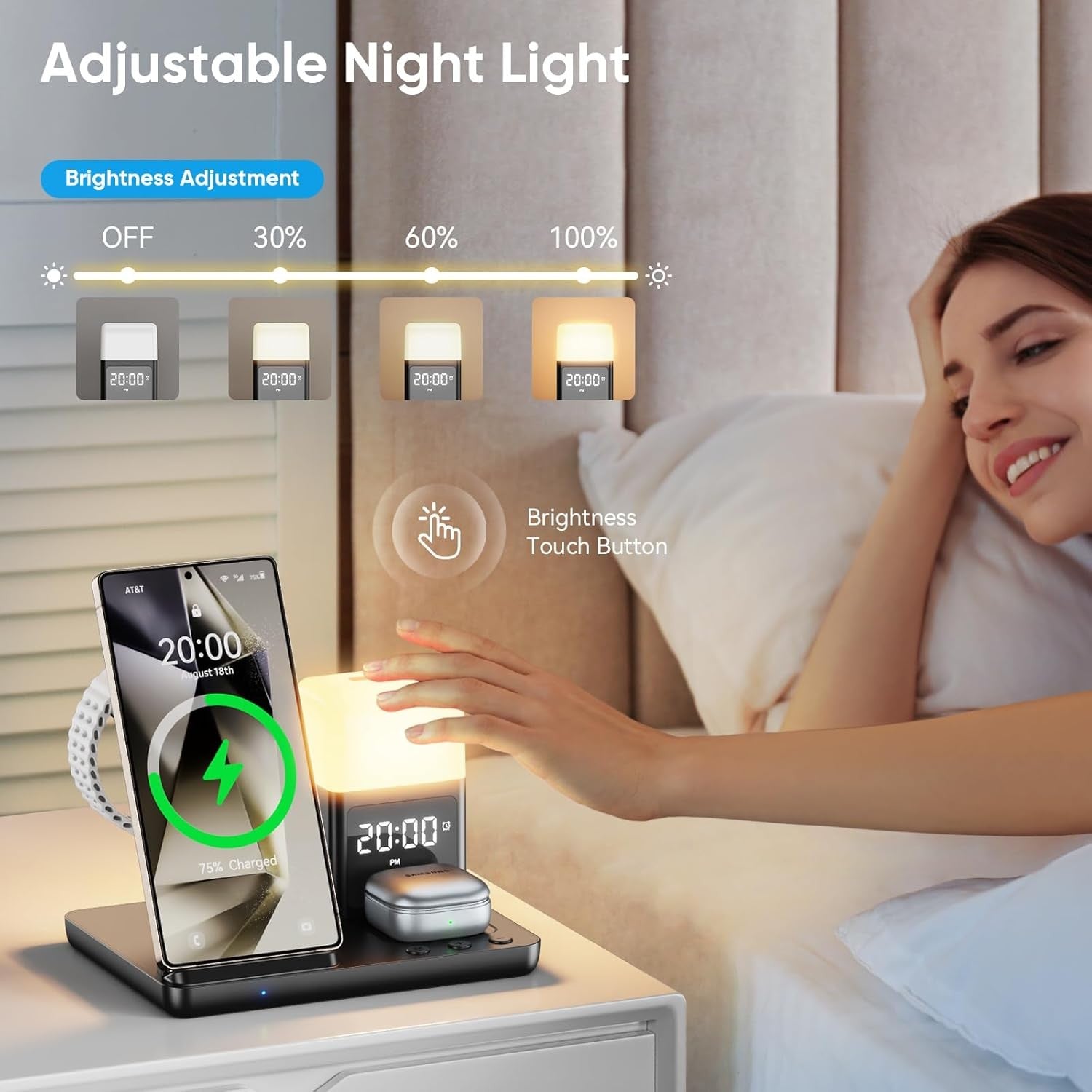 Wireless Charging Station Alarm Clock LED Night Light Charge Bedside