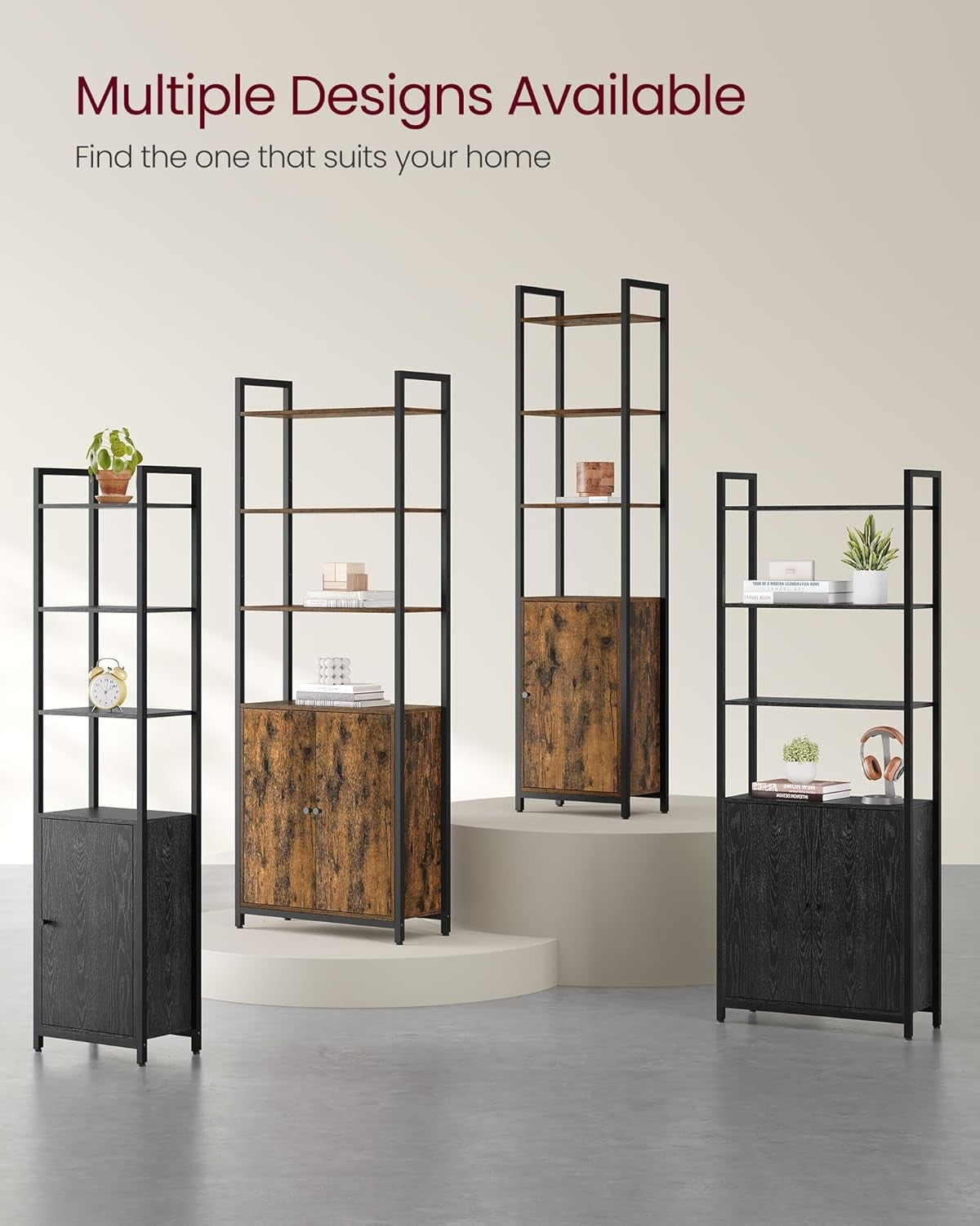6-Tier Industrial Tall Bookcase with Cabinet, Metal Frame Adjustable Shelves