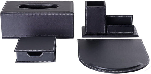 4-Piece Black PU Leather Desk Organizer Set with Mousepad & Tissue Box