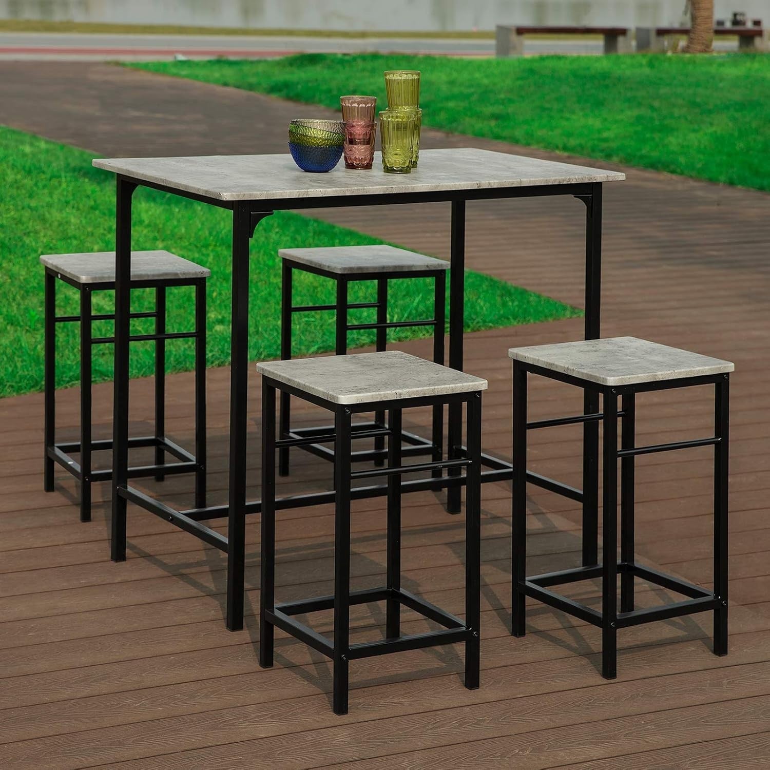 5-Piece Breakfast Bar Table Set with 4 Stools, Space Saving Dining – Black Grey