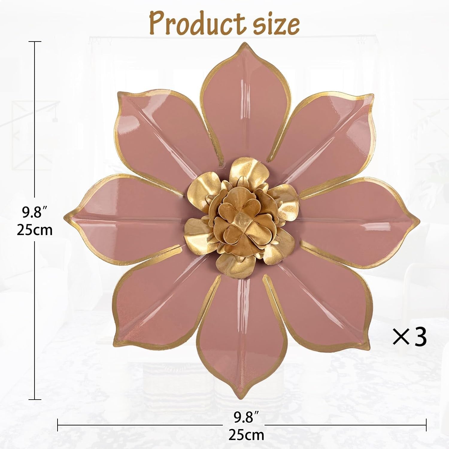 3Pcs Pink Metal Flower Wall Art 3D Modern Floral Decor