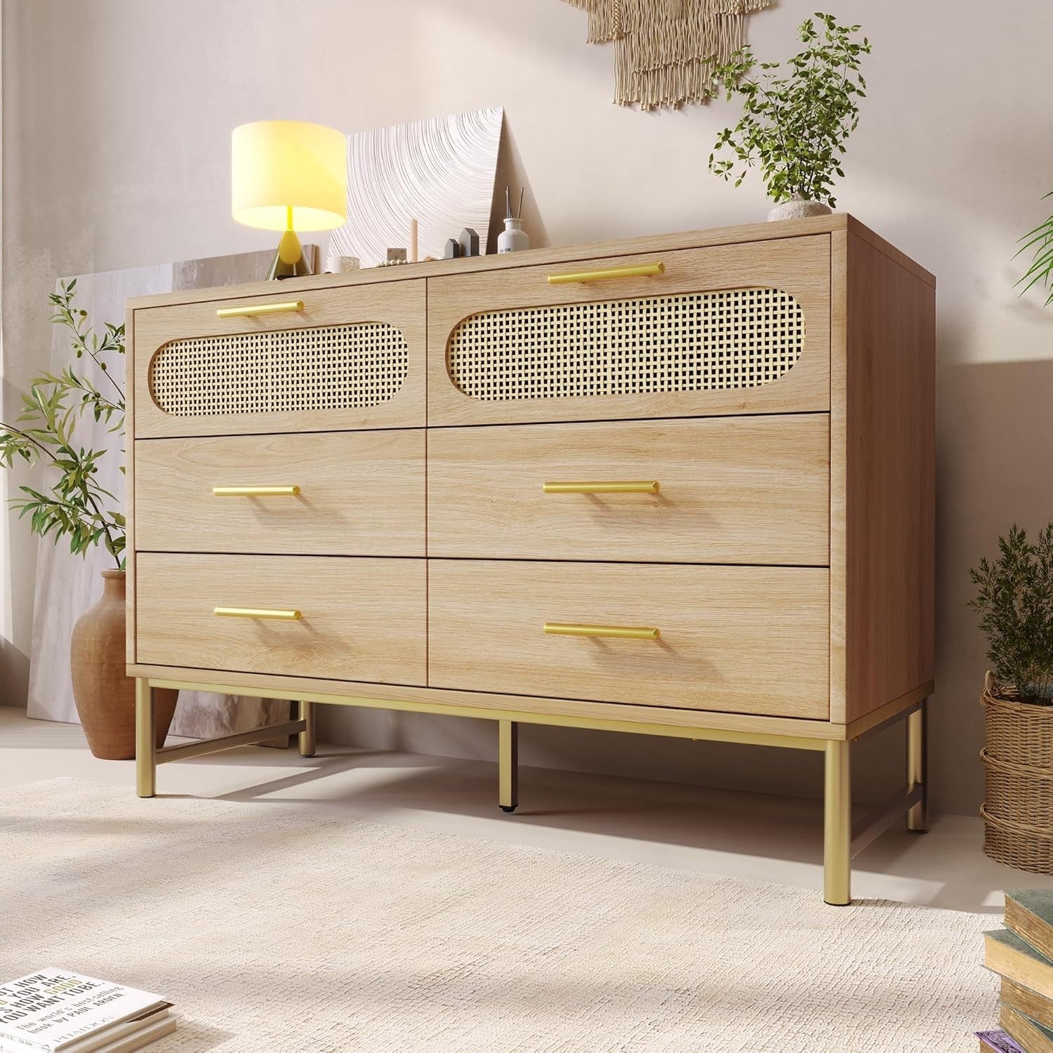 120cm Rattan Oak Sideboard Cabinet 6 Drawer Storage Unit for Hallway