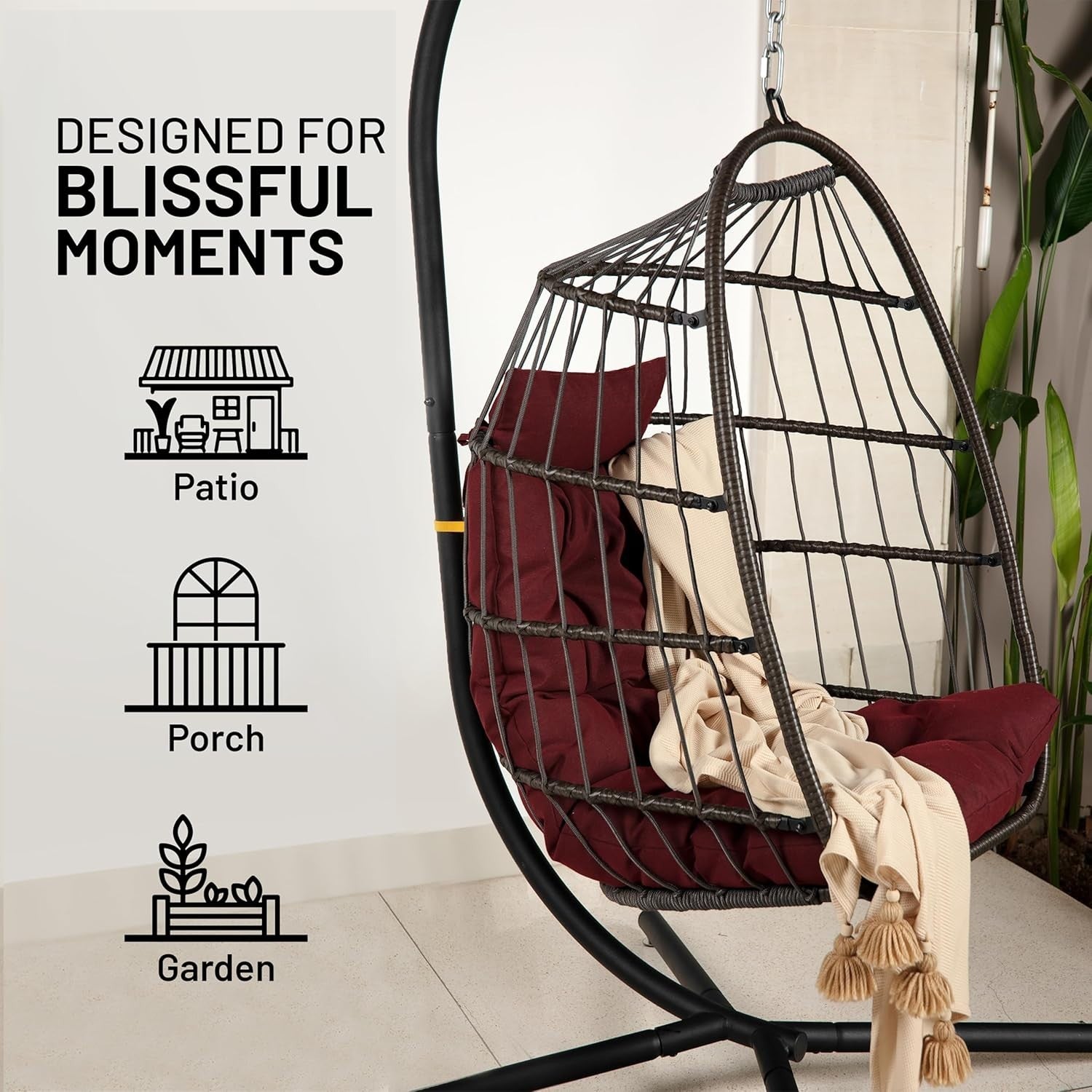 Foldable Rattan Hanging Egg Chair with Stand & Waterproof Cushion Red