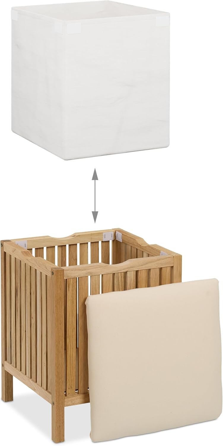 Wood Laundry Hamper with Seat 30L Bathroom Stool Storage Bin Natural Fabric