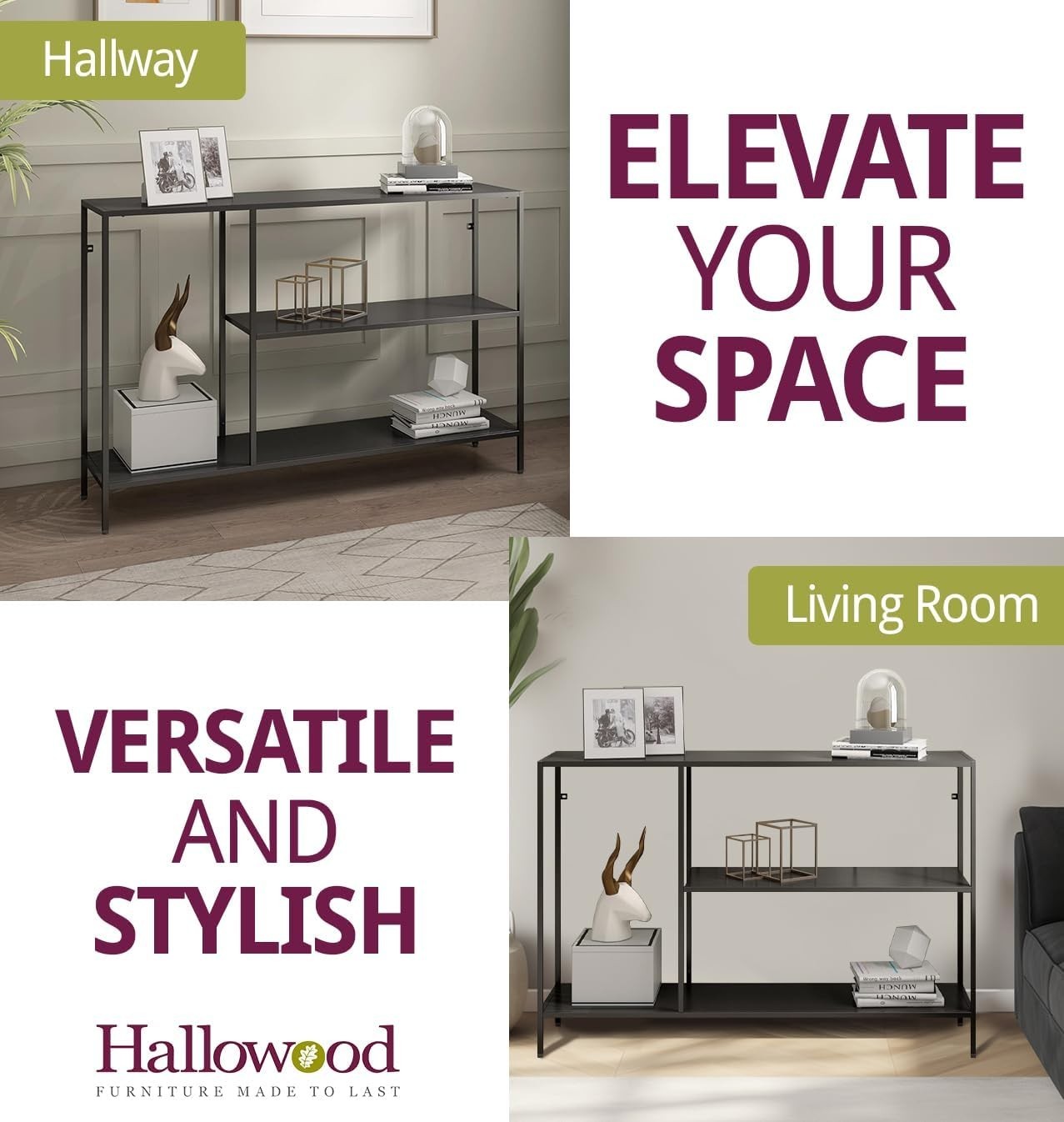 Slim Black Console Table with Storage Shelves – Modern Narrow Hallway Desk