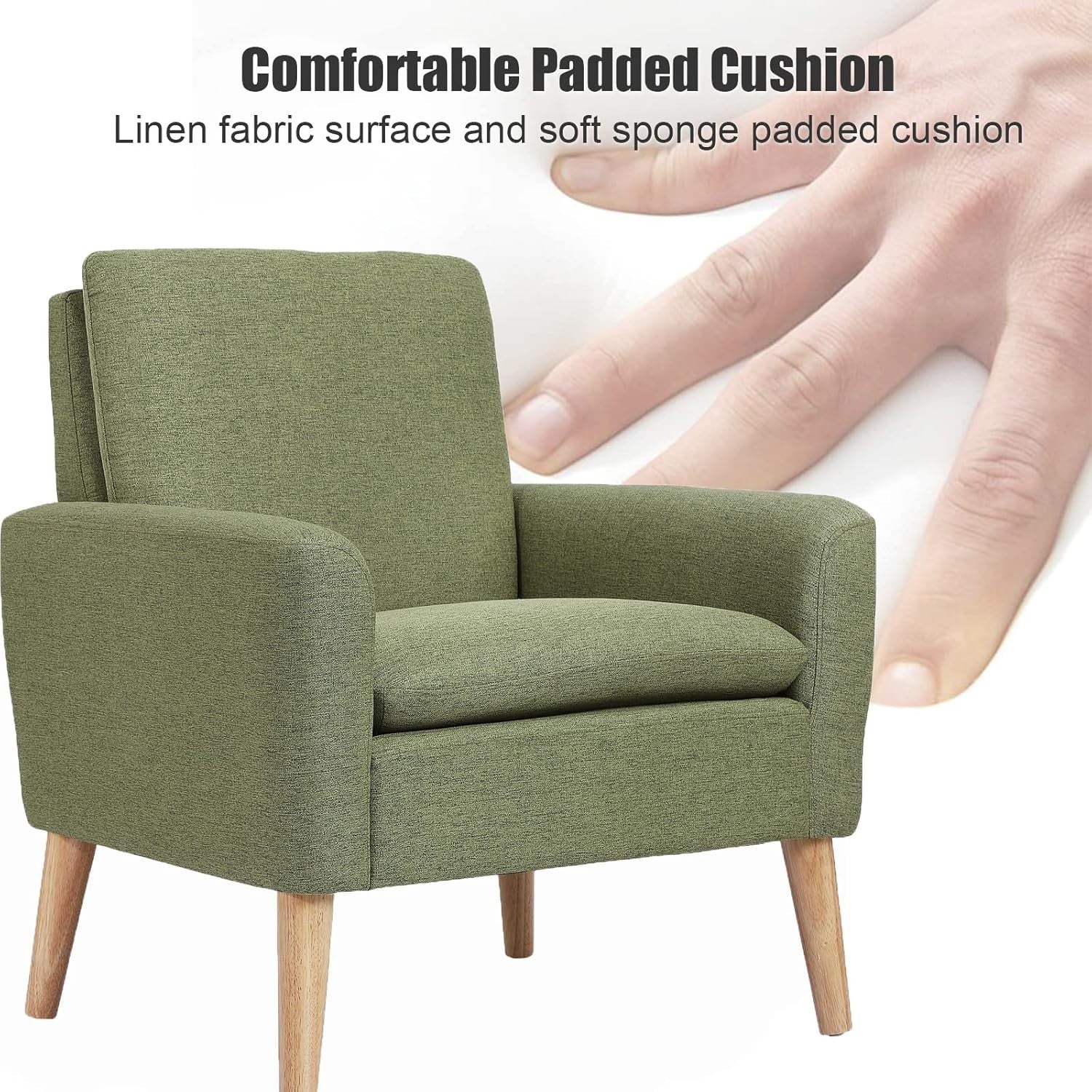 Green Lounge Armchair Upholstered with Wood Legs for Living Room Bedroom