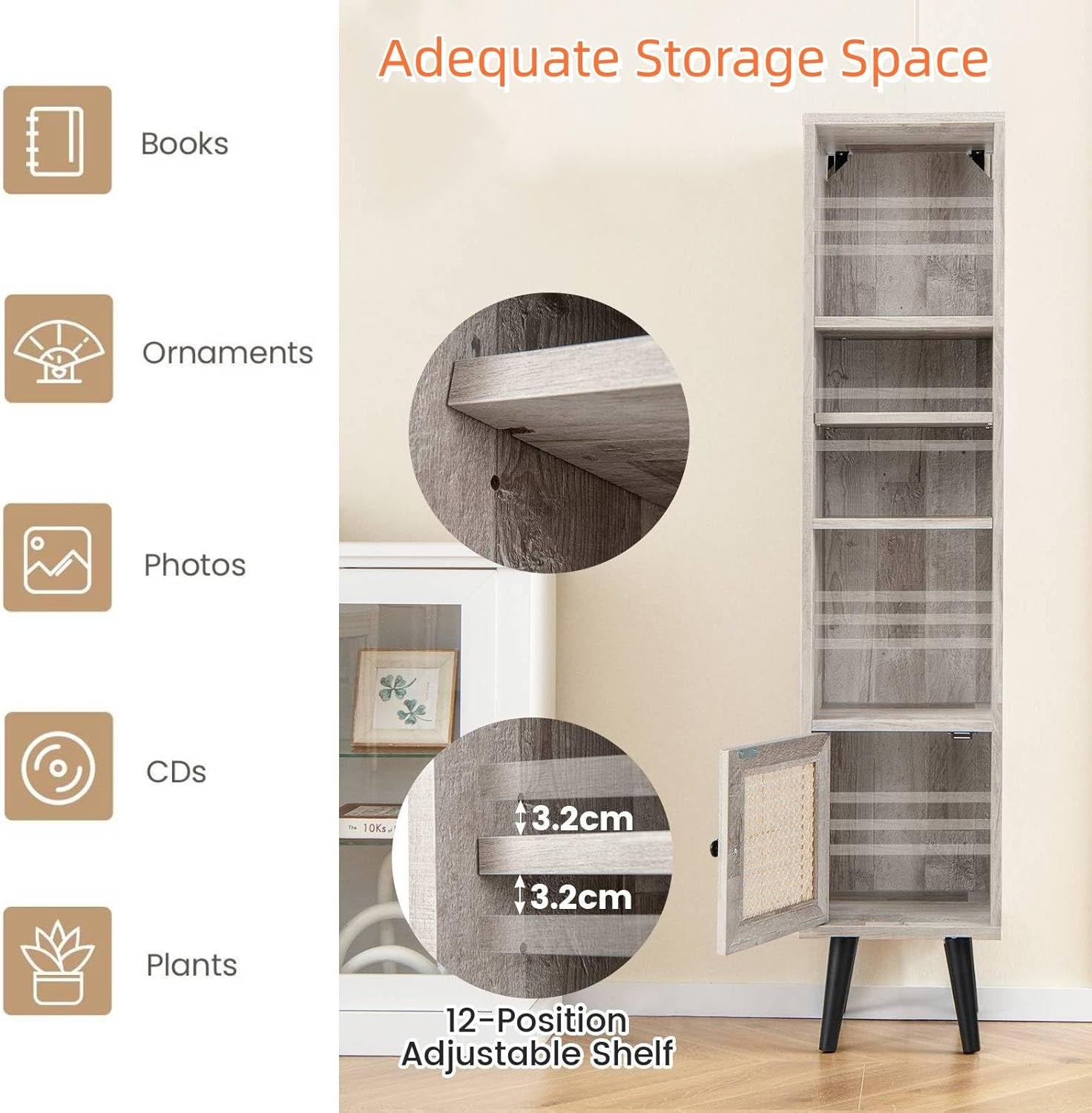 Slim Tall Grey Bookcase with Cabinet 6-Tier Adjustable Shelves for Home Office