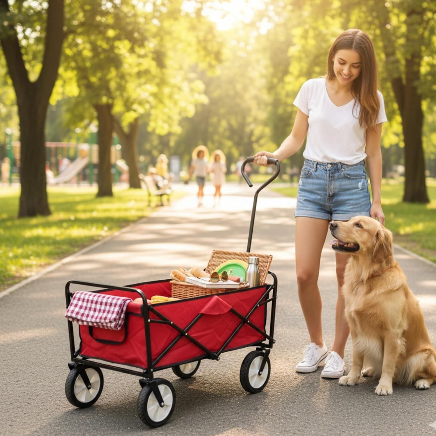 Heavy Duty Folding Wagon 70kg Collapsible Trolley Cart w/All Terrain Wheels Red