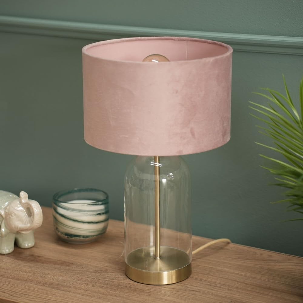 Gold Glass Table Lamp Pink Velvet Shade Bedside Desk Light Modern Decor