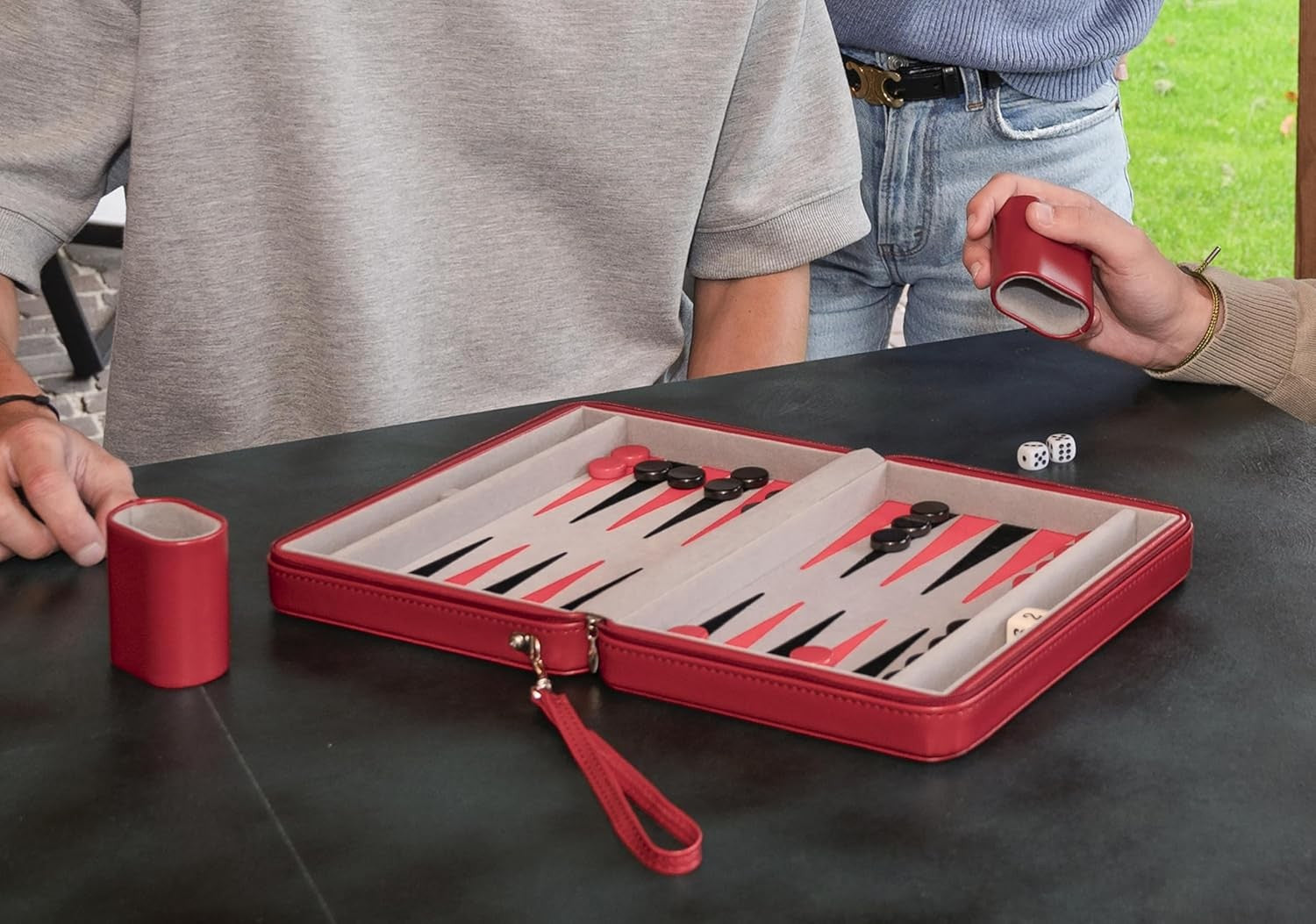 Travel Backgammon Set 9in Deluxe Faux Leather Zip Case Portable Board Game