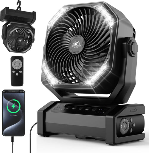 20000mAh Camping Fan – LED Desk Fan w/ Remote, Hook & Rechargeable Battery Black