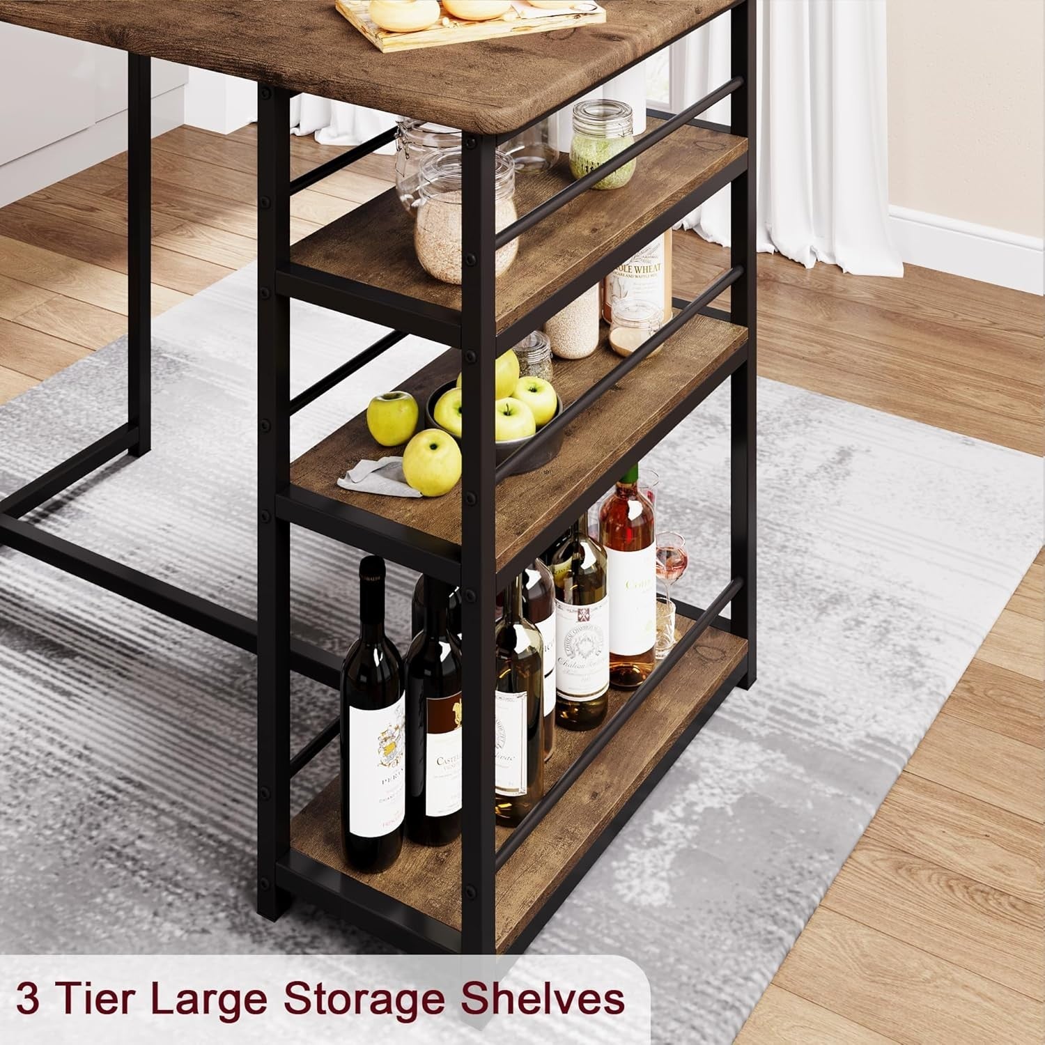 3 Piece Bar Table Set 2 PU Leather Stools Storage Shelf High Dining Rustic Brown